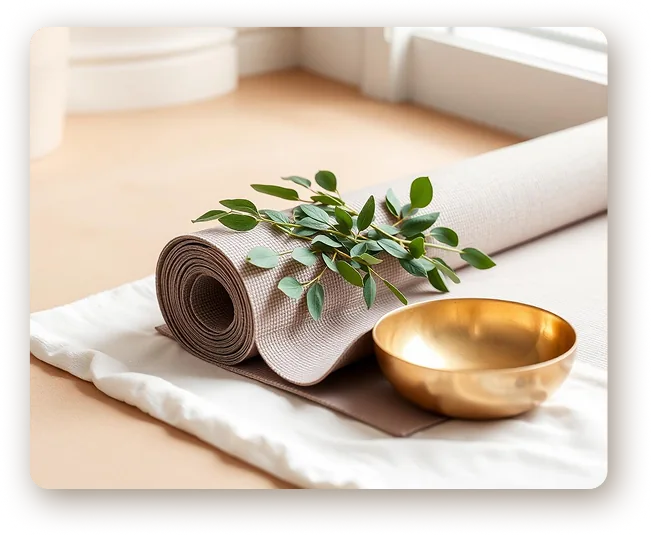 A rolled yoga mat beside a singing bowl